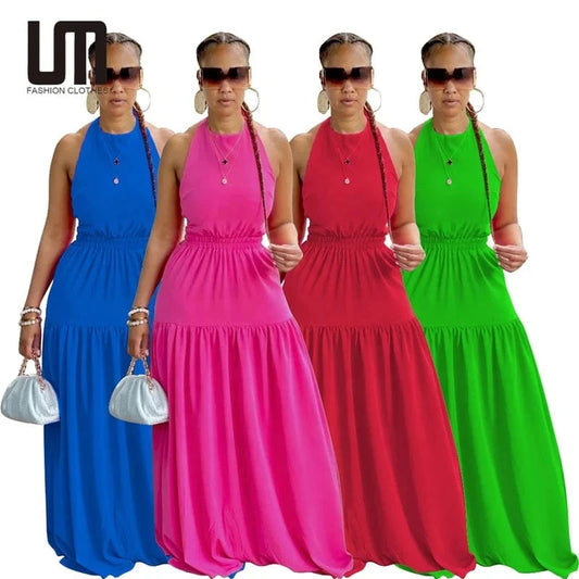 Liu Ming New Design Women Sexy Backless Fashion Solid Color Sleeveless Floor Length Dress