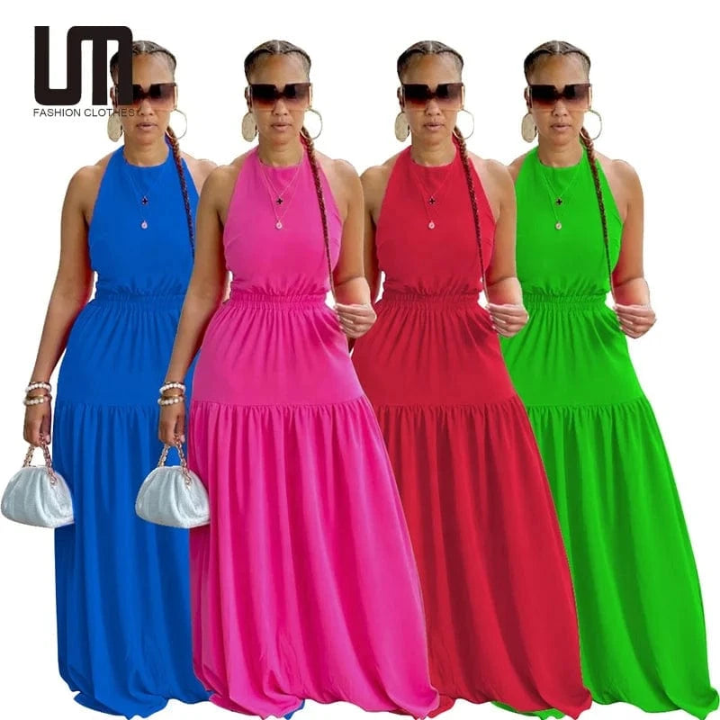 Liu Ming New Design Women Sexy Backless Fashion Solid Color Sleeveless Floor Length Dress