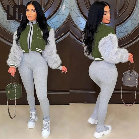 Liu Ming New Fashion Women Casual Patchwork Furry Sleeve Sportswear Baseball Winter Jackets Coats