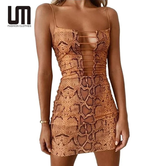 Liu Ming New Products 2024 Spring Summer Women Sexy Snakeskin Print Cutout Bodycon Mini Dress