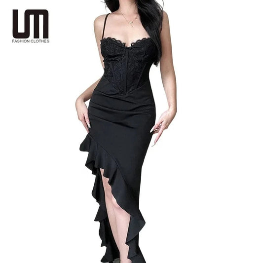 Liu Ming New Summer Elegant Sexy Women Backless Patchwork Lace Birthday Party Slit Slim Maxi Dress
