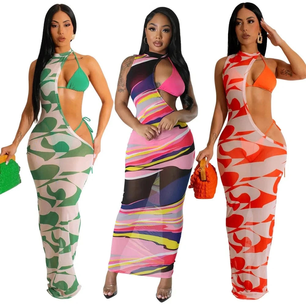 Liu Ming New Summer Women Fashion Printed 3 Piece Swimsuit Bathing Suit Dress Beach Bikini Set