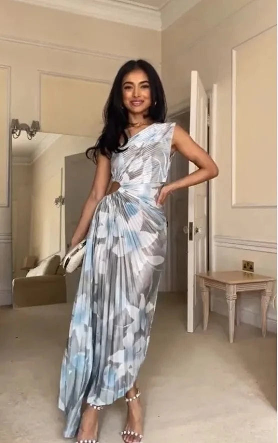 Liu Ming New Wholesale 2024 Trending Spring Elegant Women Sexy One Shoulder Floral Print Pleated Maxi Dress