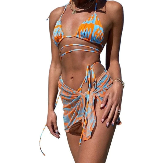 Liu Ming New Wholesale 3 Pieces Swimsuits Women Printed Female Beach Bathing Suit Push Up Skirt Swimwear Bikini Set