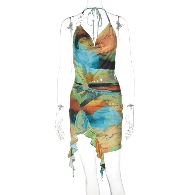Liu Ming New Wholesale Women Sexy Halter Neck Backless Print Sleeveless Night Club Mini Dress