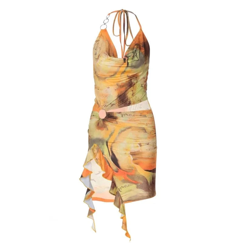 Liu Ming New Wholesale Women Sexy Halter Neck Backless Print Sleeveless Night Club Mini Dress