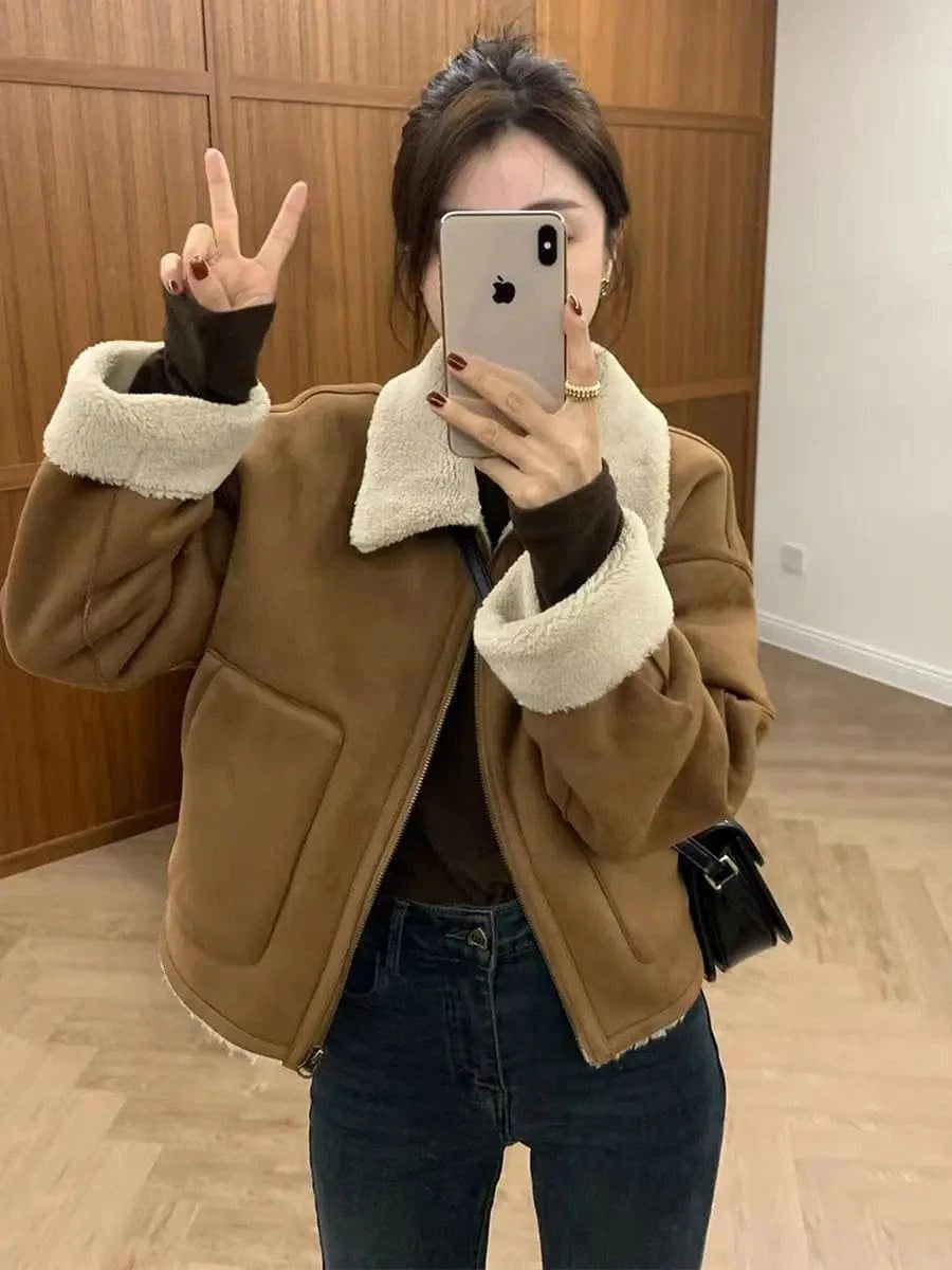 Liu Ming Popular Fashion 2024 Autumn Winter Women Thick Jacket Warm Outwear Patchwork Faux Lamb Wool Fur Plus Size Coat