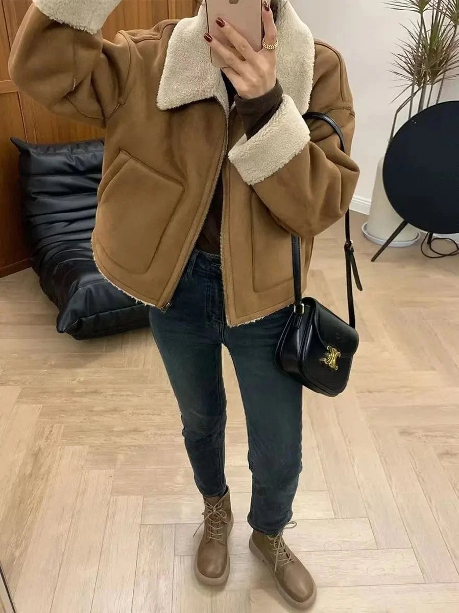Liu Ming Popular Fashion 2024 Autumn Winter Women Thick Jacket Warm Outwear Patchwork Faux Lamb Wool Fur Plus Size Coat