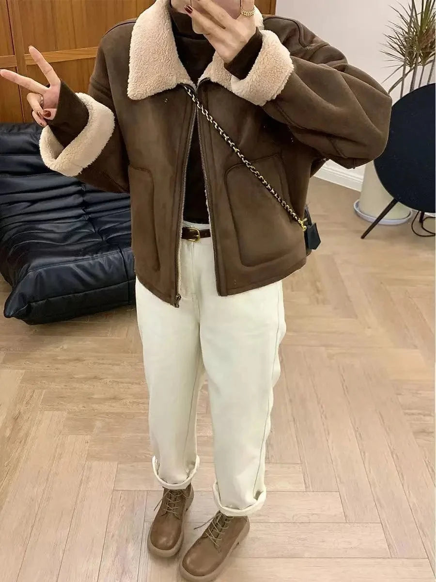 Liu Ming Popular Fashion 2024 Autumn Winter Women Thick Jacket Warm Outwear Patchwork Faux Lamb Wool Fur Plus Size Coat