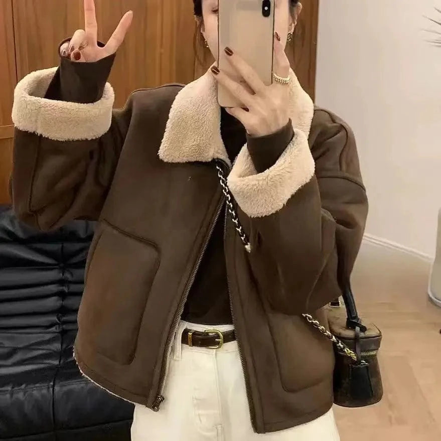Liu Ming Popular Fashion 2024 Autumn Winter Women Thick Jacket Warm Outwear Patchwork Faux Lamb Wool Fur Plus Size Coat