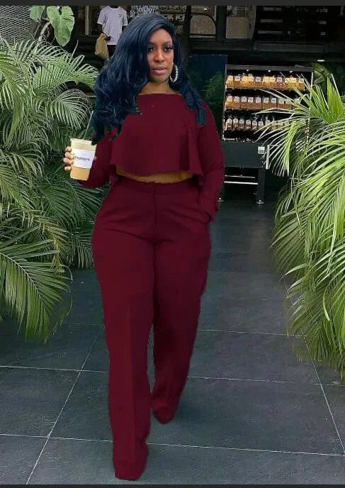 Liu Ming Popular Women Casual Custom Printed Long Sleeve O Neck Two Piece Tops Wide Leg Long Pants Set