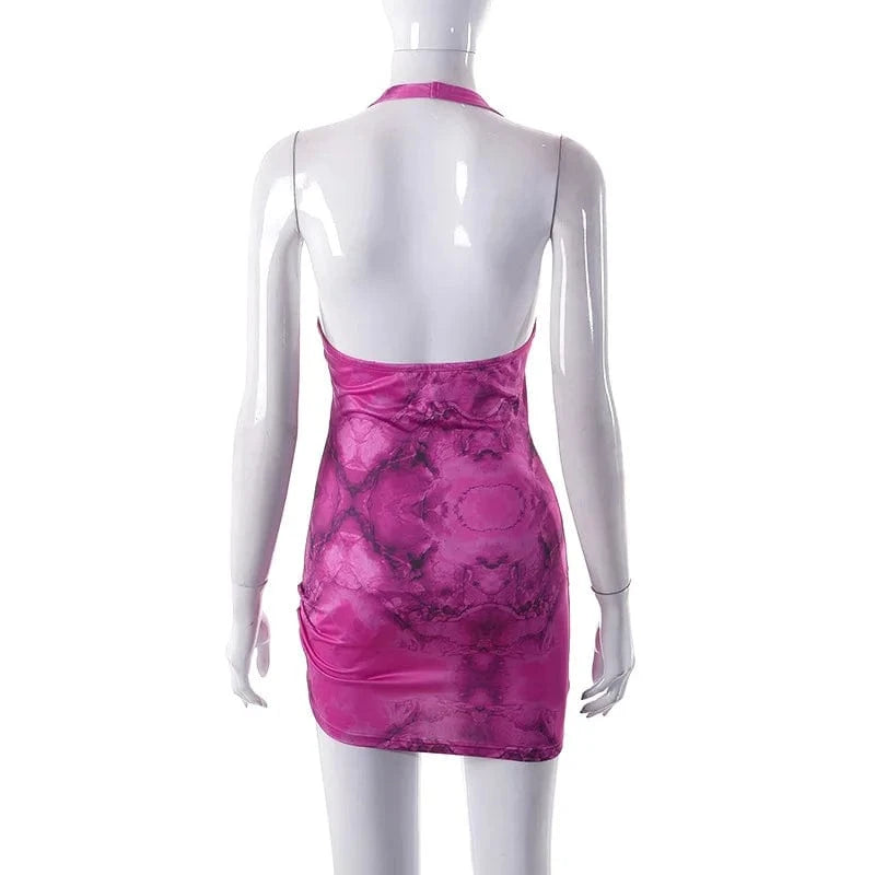 Liu Ming Summer Y2K Women Clothing Halter Print Sexy Tight Bodycon Mini Dress