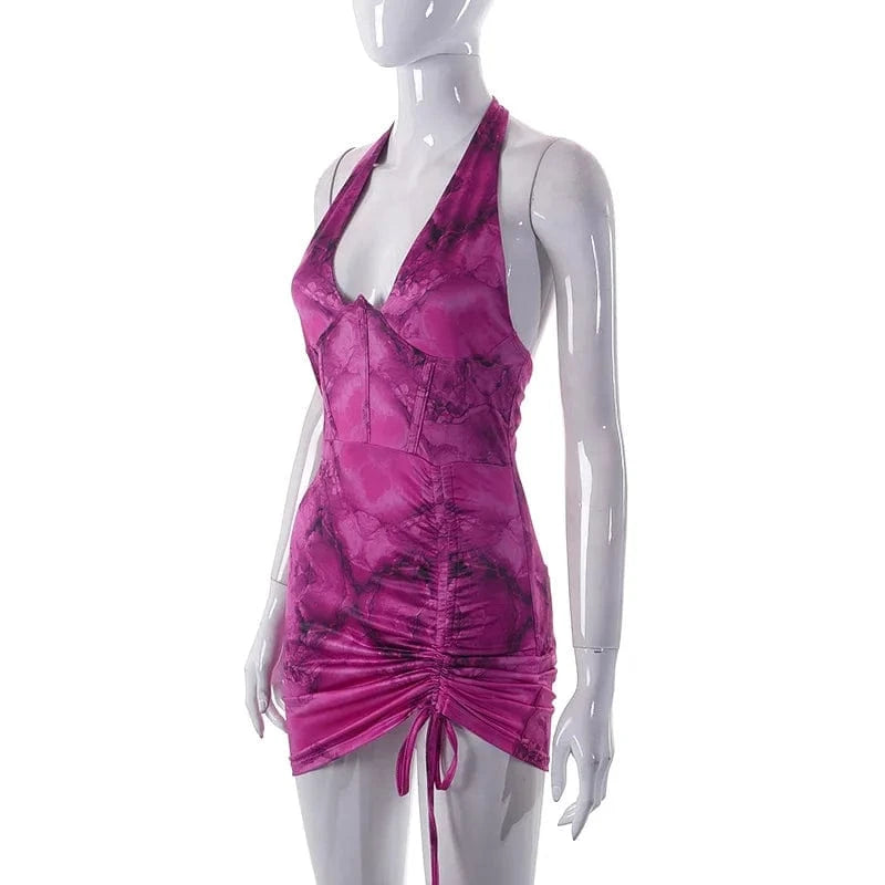 Liu Ming Summer Y2K Women Clothing Halter Print Sexy Tight Bodycon Mini Dress
