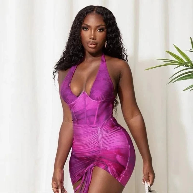 Liu Ming Summer Y2K Women Clothing Halter Print Sexy Tight Bodycon Mini Dress
