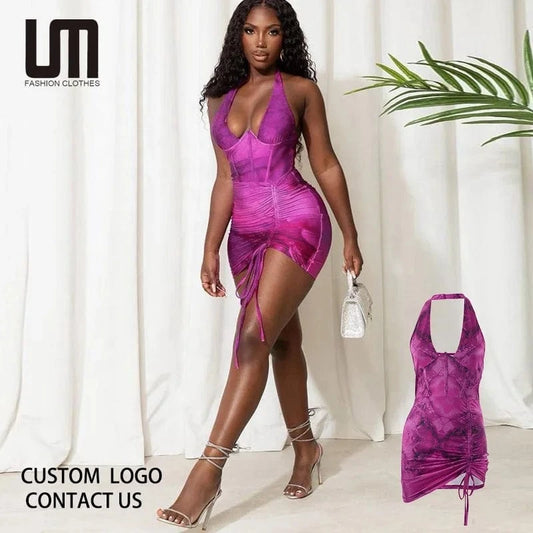 Liu Ming Summer Y2K Women Clothing Halter Print Sexy Tight Bodycon Mini Dress