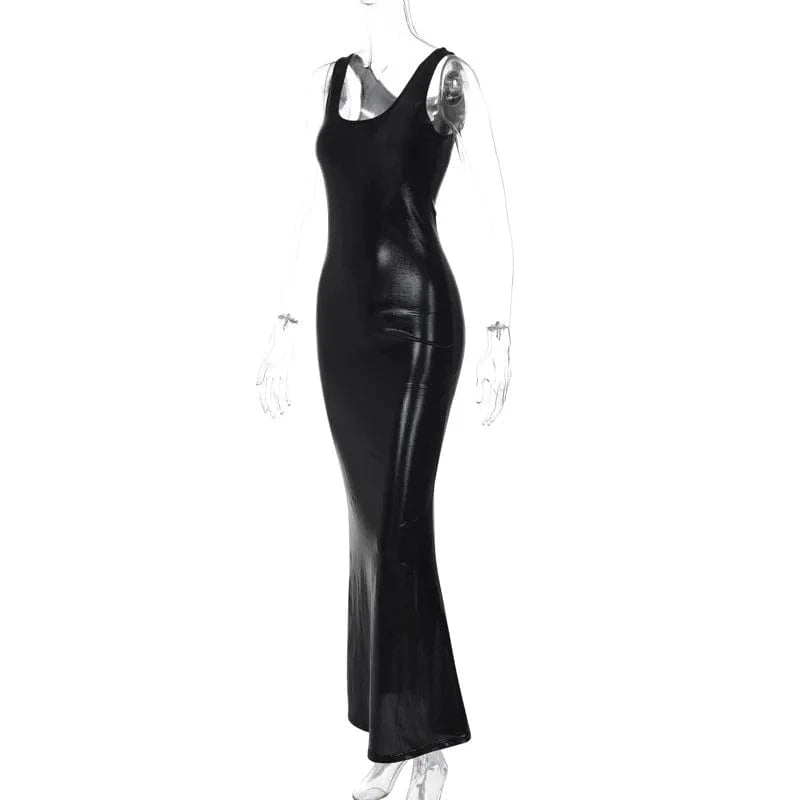 Liu Ming Trends 2024 Spring Women Fashion Pu Leather Sleeveless Straps Black Slit Sexy Bodycon Maxi Prom Dress