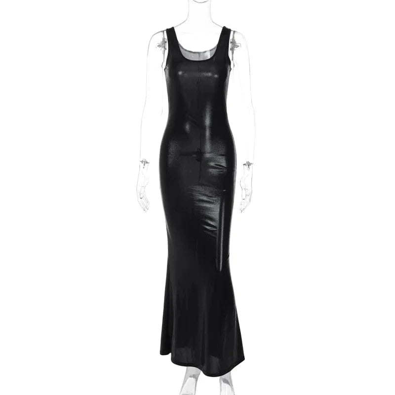 Liu Ming Trends 2024 Spring Women Fashion Pu Leather Sleeveless Straps Black Slit Sexy Bodycon Maxi Prom Dress