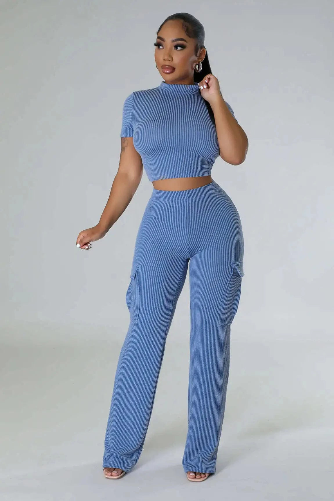 Liu Ming Wholesale 2024 Summer Women Casual Solid Color Two Piece Short Sleeve Tops High Waist Wide Leg Pants Suit