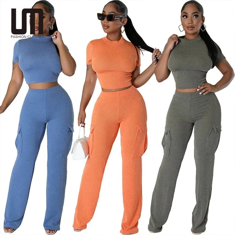 Liu Ming Wholesale 2024 Summer Women Casual Solid Color Two Piece Short Sleeve Tops High Waist Wide Leg Pants Suit