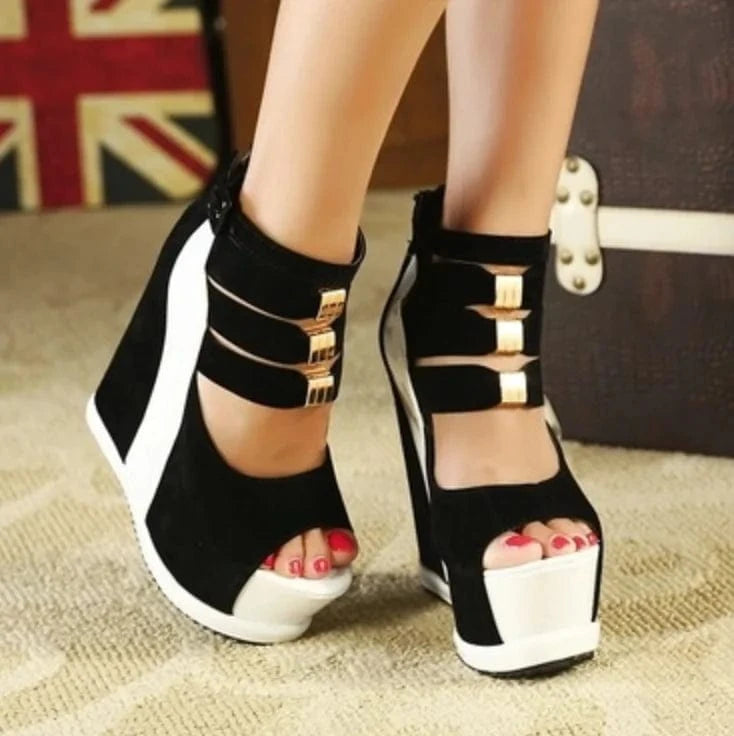Liu Ming Wholesale Fashion Luxury Brand Designer Women Classic Chunky Wedge High Heels Sandals
