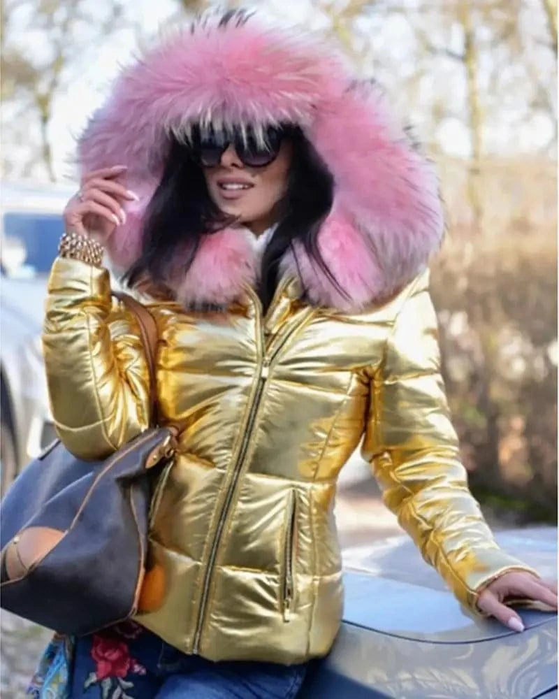 Liu Ming Winter Women Clothing Fashion Hood Faux Fur Collar Outwear Parkas Ladies Down Jacket Plus Size Coat
