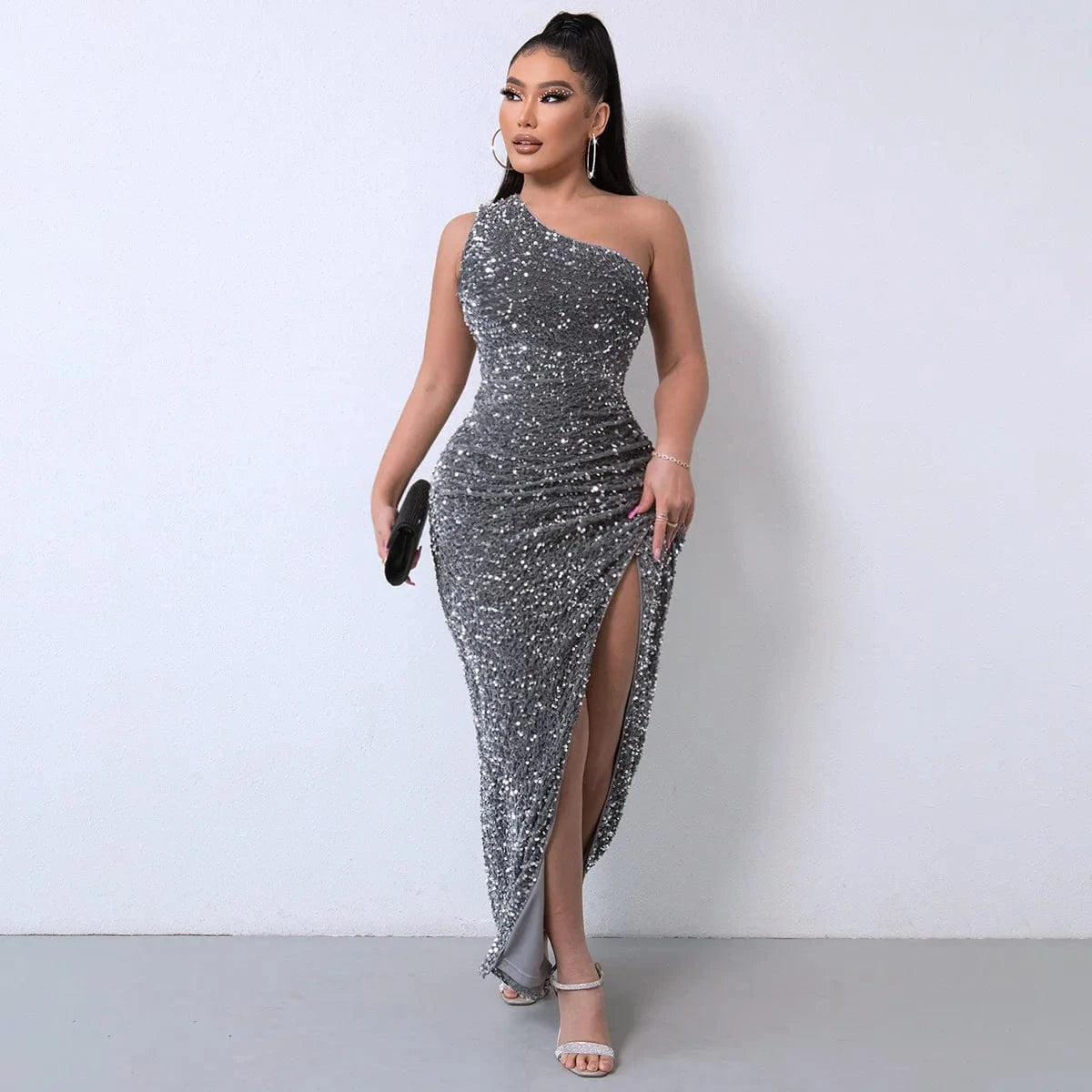 Liu Ming Women Fashion Sexy Sequins Slit Bodycon Slim Maxi Dress