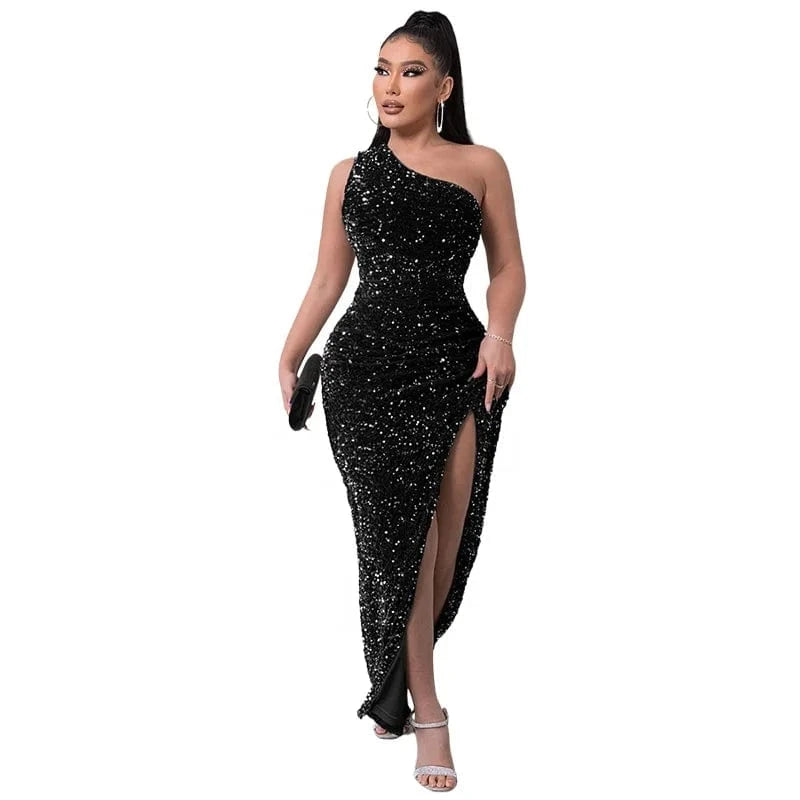Liu Ming Women Fashion Sexy Sequins Slit Bodycon Slim Maxi Dress
