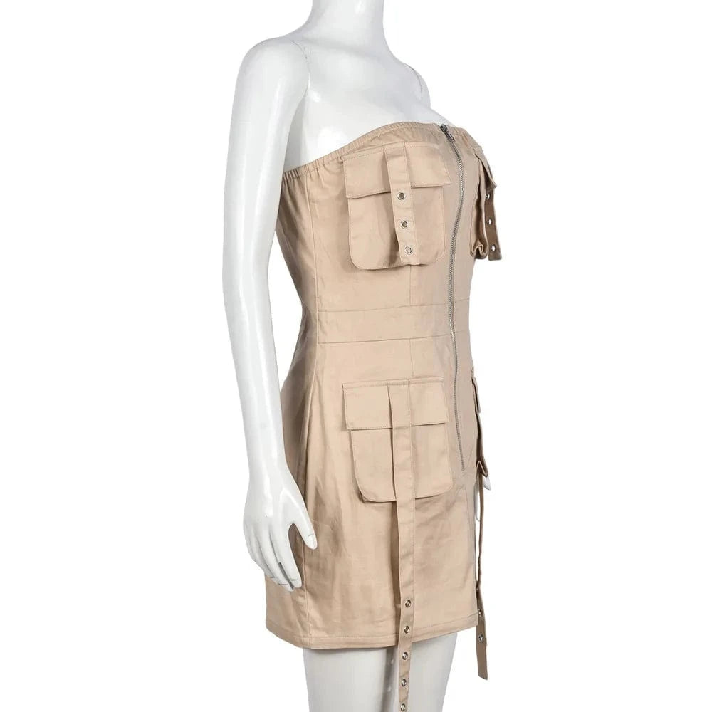Liu Ming Y2k Fashion New Arrivals 2024 Women Clothing Strapless Casual Multi Pocket Backless Zipper Slim Mini Dresses