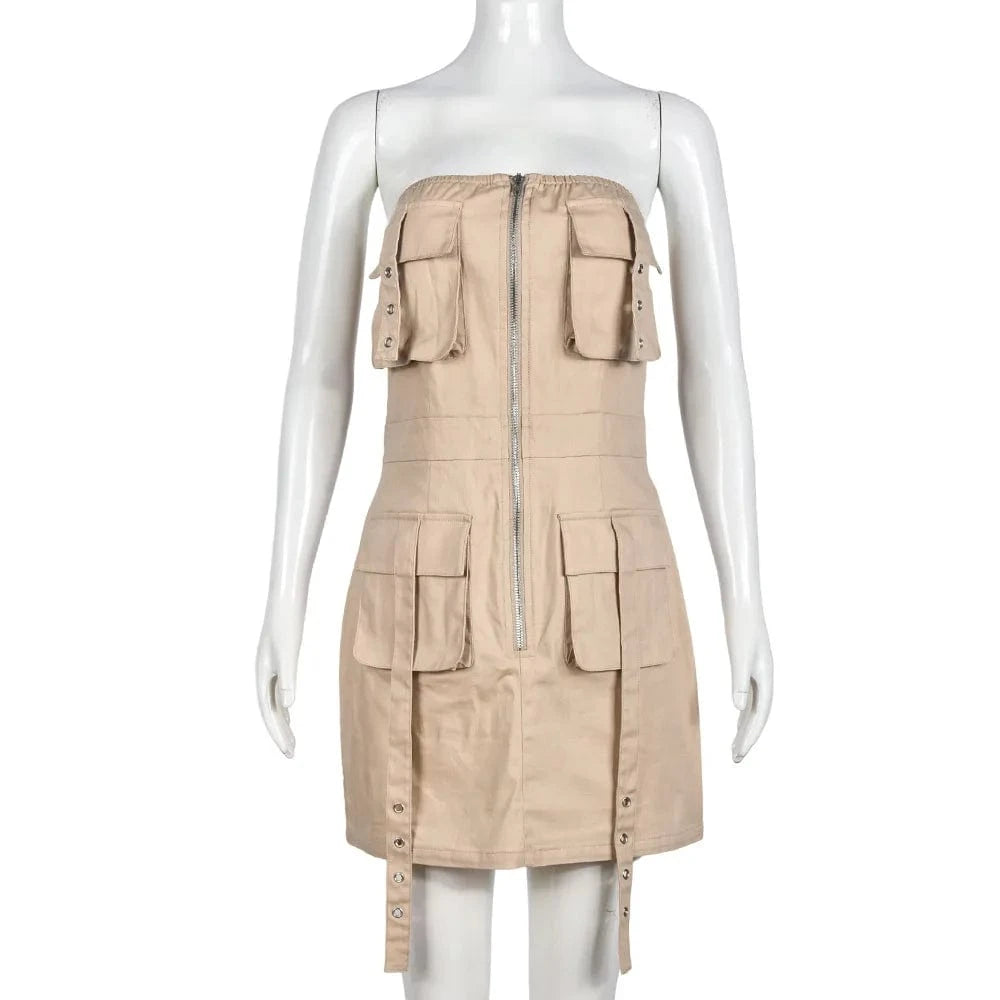 Liu Ming Y2k Fashion New Arrivals 2024 Women Clothing Strapless Casual Multi Pocket Backless Zipper Slim Mini Dresses