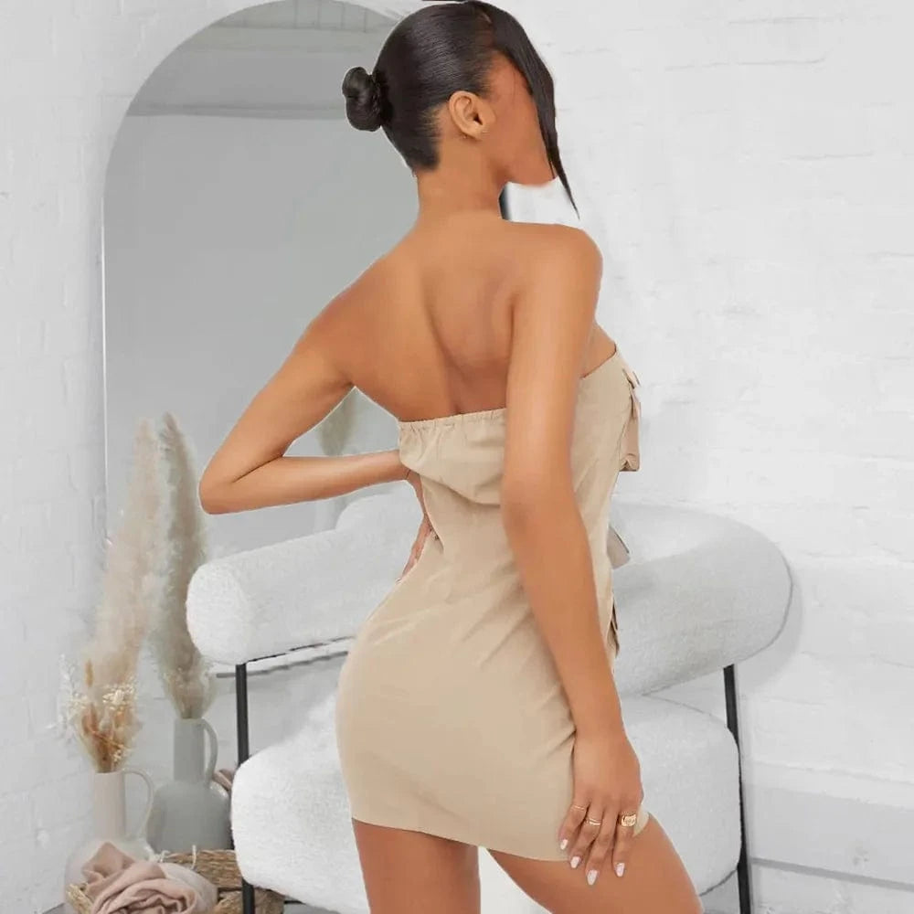 Liu Ming Y2k Fashion New Arrivals 2024 Women Clothing Strapless Casual Multi Pocket Backless Zipper Slim Mini Dresses