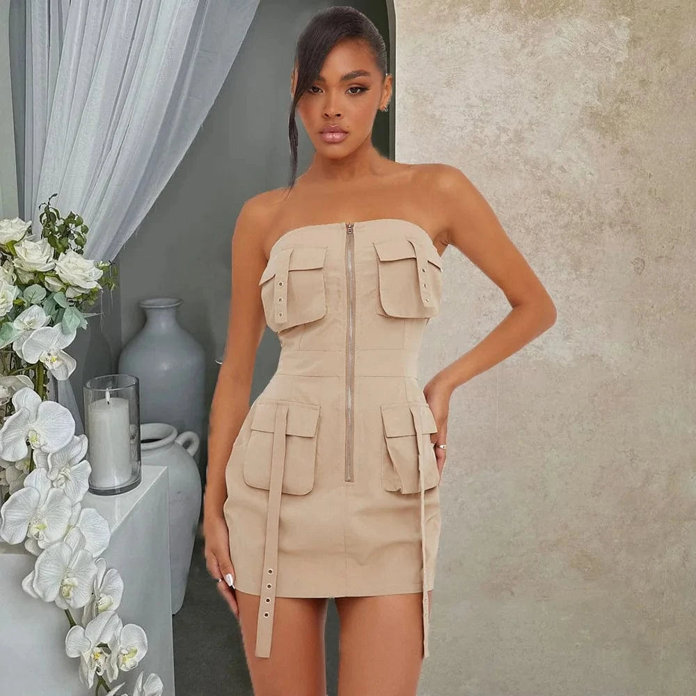 Liu Ming Y2k Fashion New Arrivals 2024 Women Clothing Strapless Casual Multi Pocket Backless Zipper Slim Mini Dresses