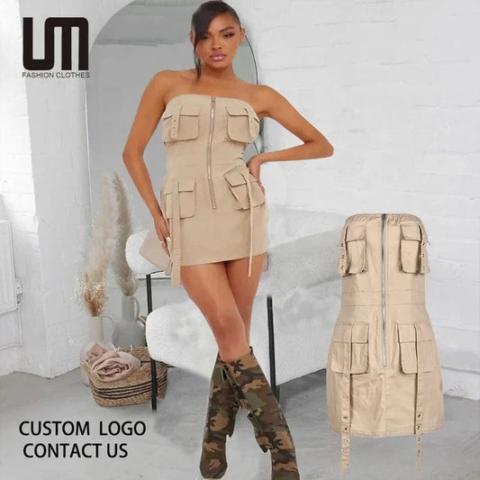 Liu Ming Y2k Fashion New Arrivals 2024 Women Clothing Strapless Casual Multi Pocket Backless Zipper Slim Mini Dresses