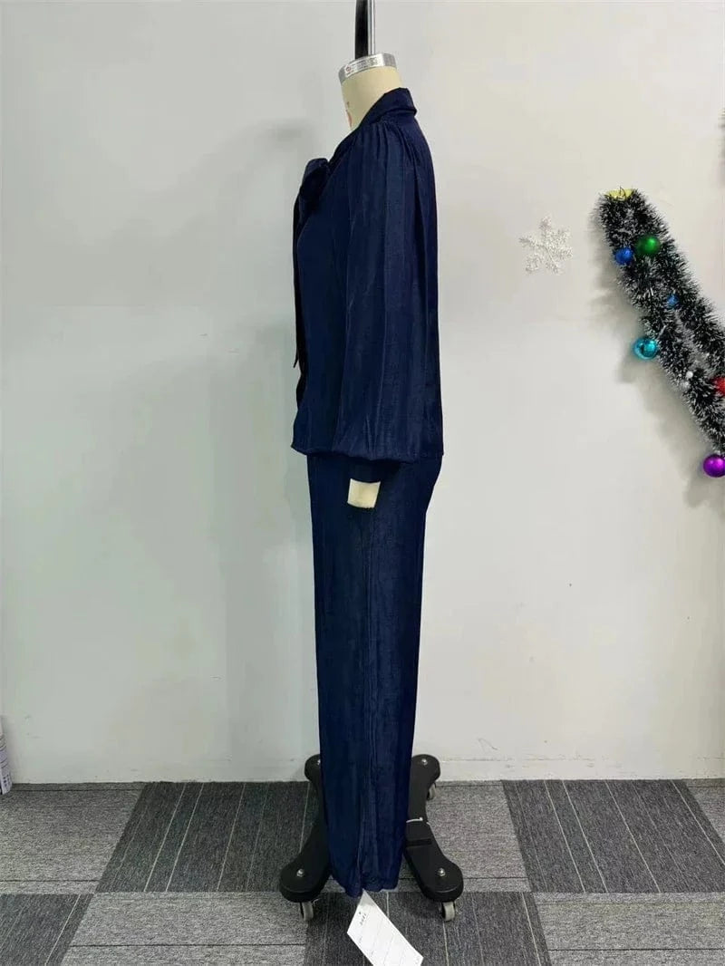 Lmitation Denim Pant Sets Womens 2 Piece Outfit Loose Fit Lantern Sleeve Bow Tie Shirt Top and Wide Leg Pants Matching Sets