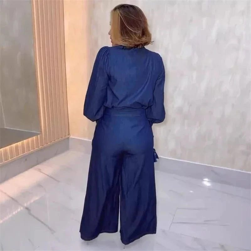 Lmitation Denim Pant Sets Womens 2 Piece Outfit Loose Fit Lantern Sleeve Bow Tie Shirt Top and Wide Leg Pants Matching Sets