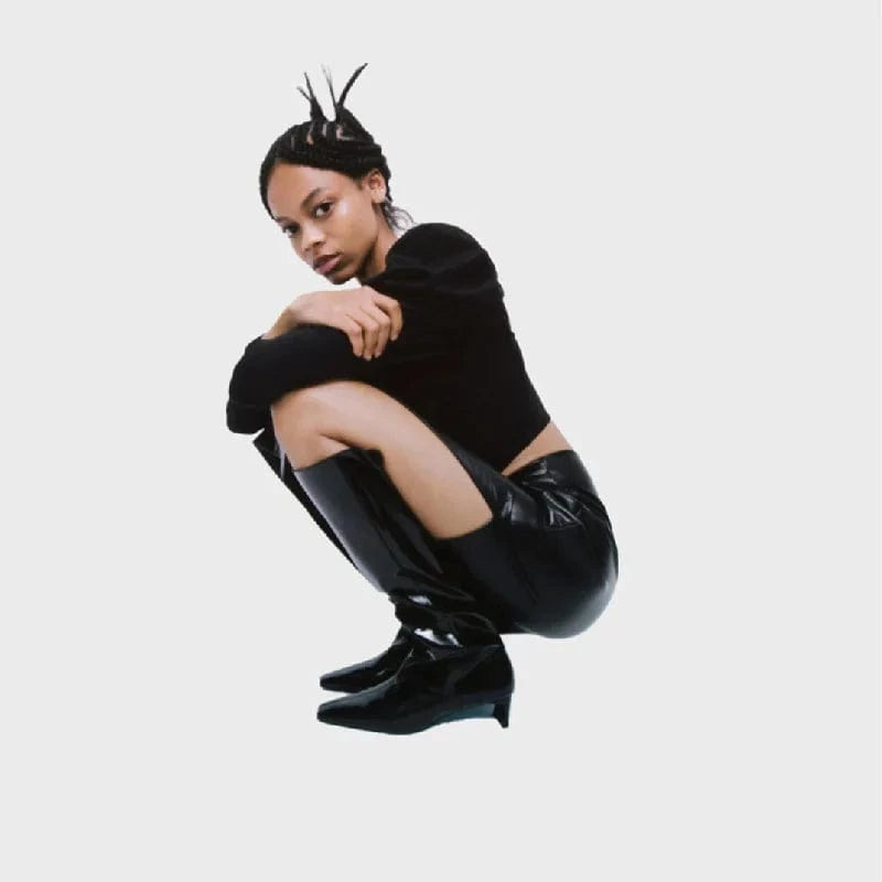 Long boots: Women's knee high Knight boots patent leather small square head thick high heels thin boots