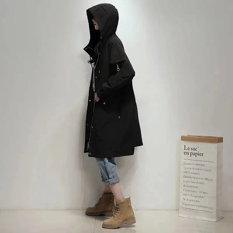 Long Lning Embroidered Windbreaker Women's 2025 Spring And Autumn New Chic Loose Waist-Collecting Hong Kong Fashion Coat Lady