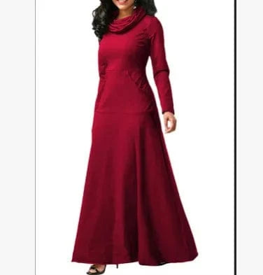 Long Maxi Dress Autumn Winter Warm High Collar Women Long-sleeved Dress Woman Clothing With Pocket