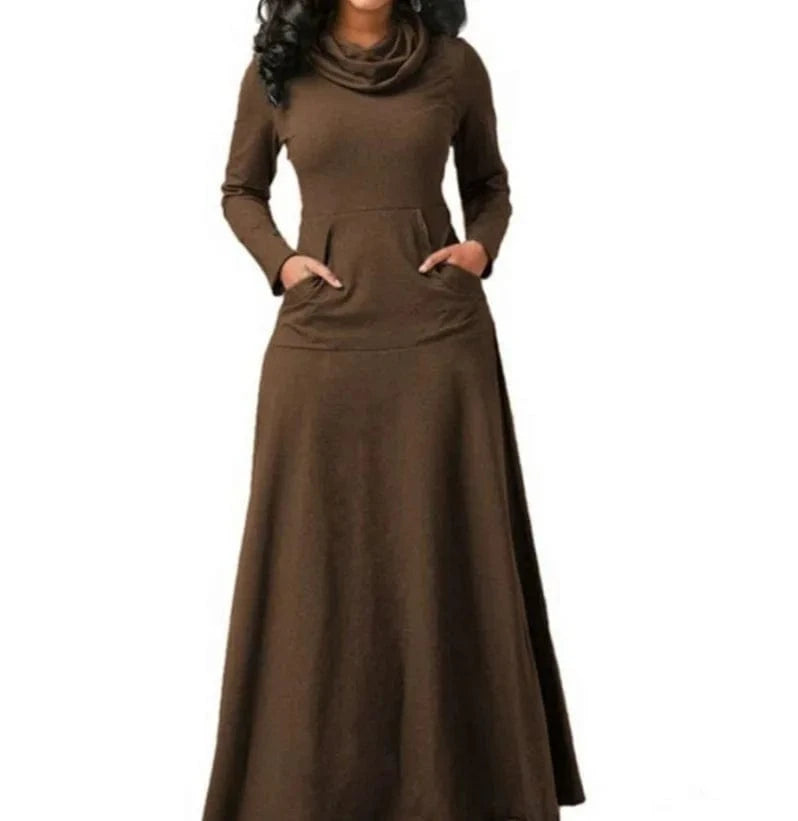 Long Maxi Dress Autumn Winter Warm High Collar Women Long-sleeved Dress Woman Clothing With Pocket