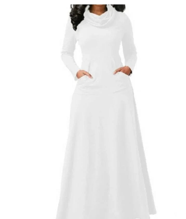 Long Maxi Dress Autumn Winter Warm High Collar Women Long-sleeved Dress Woman Clothing With Pocket