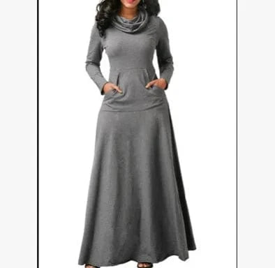 Long Maxi Dress Autumn Winter Warm High Collar Women Long-sleeved Dress Woman Clothing With Pocket
