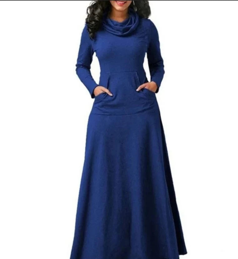 Long Maxi Dress Autumn Winter Warm High Collar Women Long-sleeved Dress Woman Clothing With Pocket