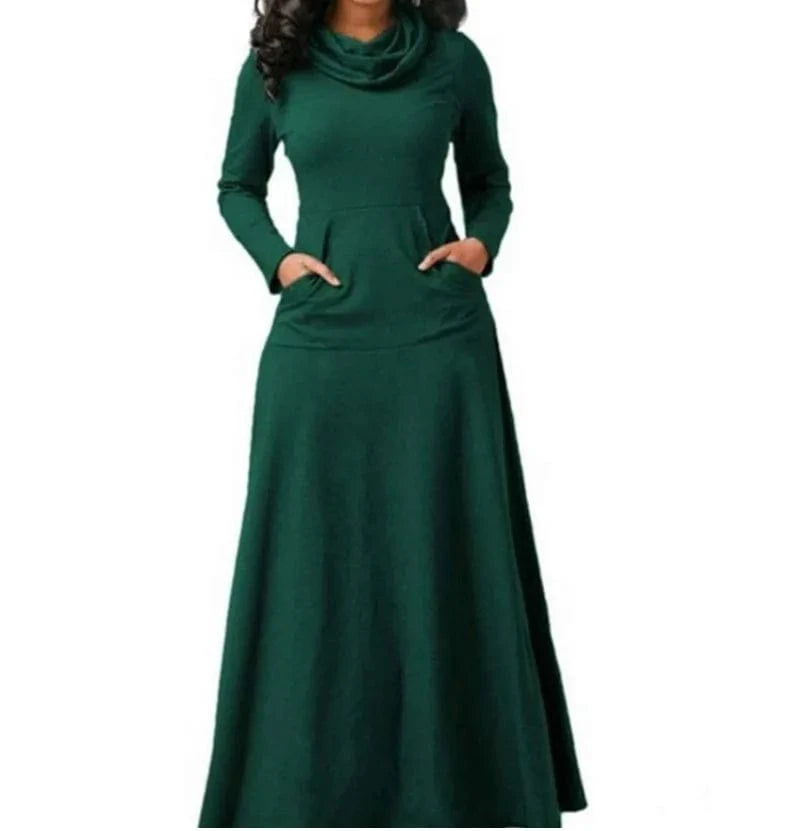 Long Maxi Dress Autumn Winter Warm High Collar Women Long-sleeved Dress Woman Clothing With Pocket