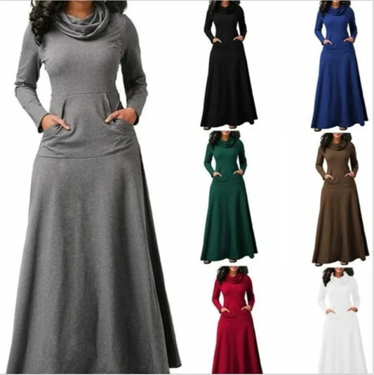 Long Maxi Dress Autumn Winter Warm High Collar Women Long-sleeved Dress Woman Clothing With Pocket