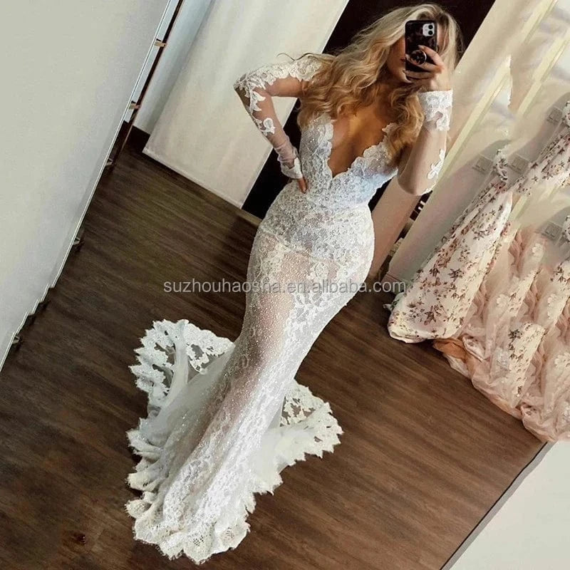 Long Sleeve Lace Mermaid Wedding Dress V Neck Neck Bride Dresses Long Train vestido de noiva Appliques Bridal Gowns 2022