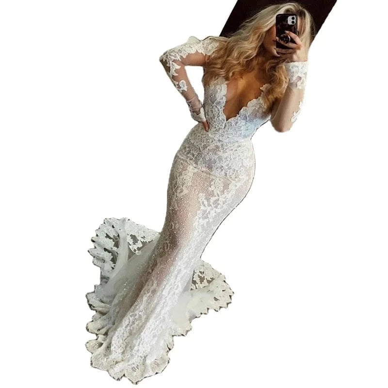 Long Sleeve Lace Mermaid Wedding Dress V Neck Neck Bride Dresses Long Train vestido de noiva Appliques Bridal Gowns 2022