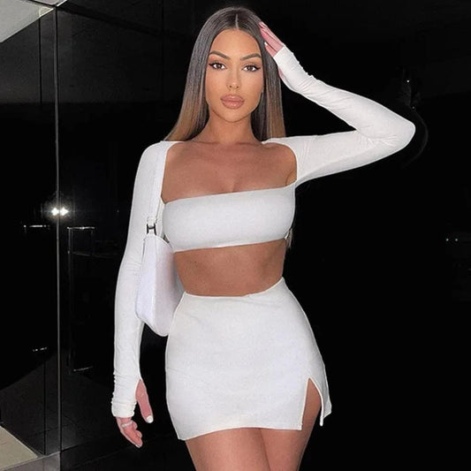 Long Sleeve Square Neck off shoulder Crop Top Bodycon Mini Club sexy Party highwaist slit Skirt 2 Piece Sets outfit for women