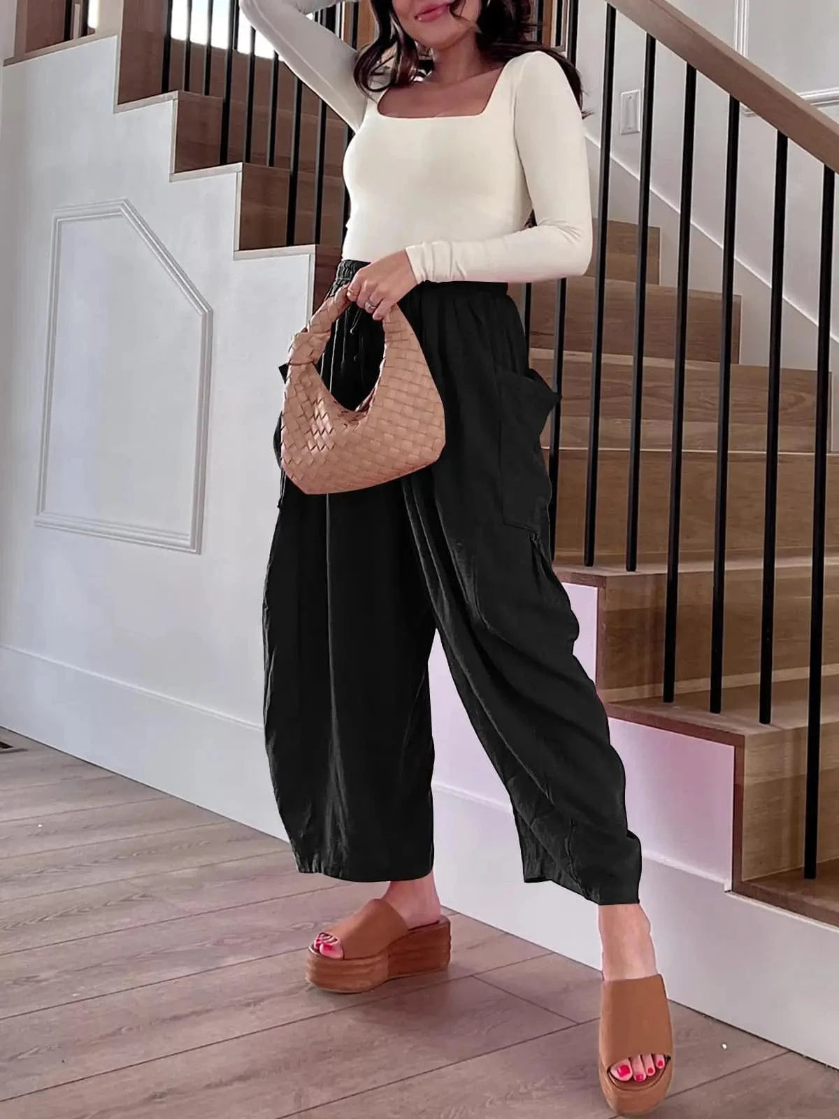 Loose Wide Leg Pants Women's Clothing Elastic Waist Pleated High Waist Casual Cotton Linen Solid Color Trousers Pants
