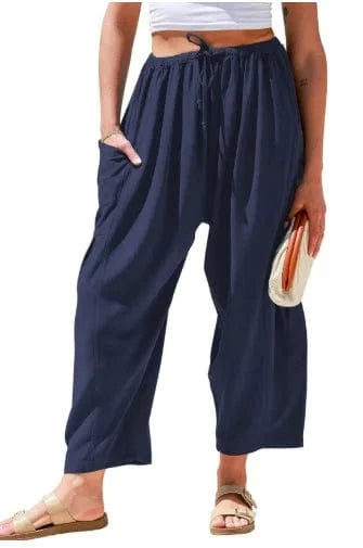 Loose Wide Leg Pants Women's Clothing Elastic Waist Pleated High Waist Casual Cotton Linen Solid Color Trousers Pants