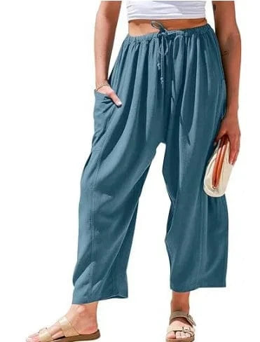Loose Wide Leg Pants Women's Clothing Elastic Waist Pleated High Waist Casual Cotton Linen Solid Color Trousers Pants