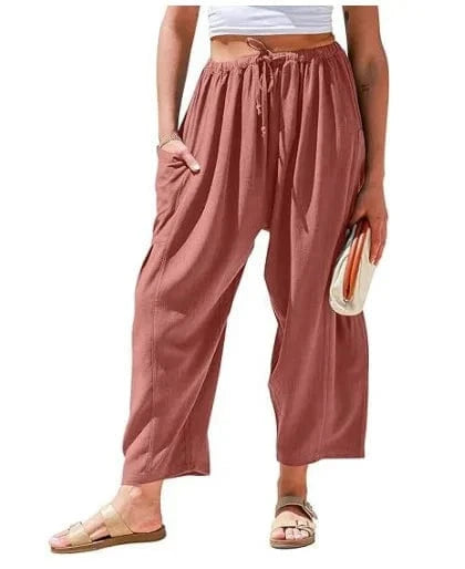 Loose Wide Leg Pants Women's Clothing Elastic Waist Pleated High Waist Casual Cotton Linen Solid Color Trousers Pants